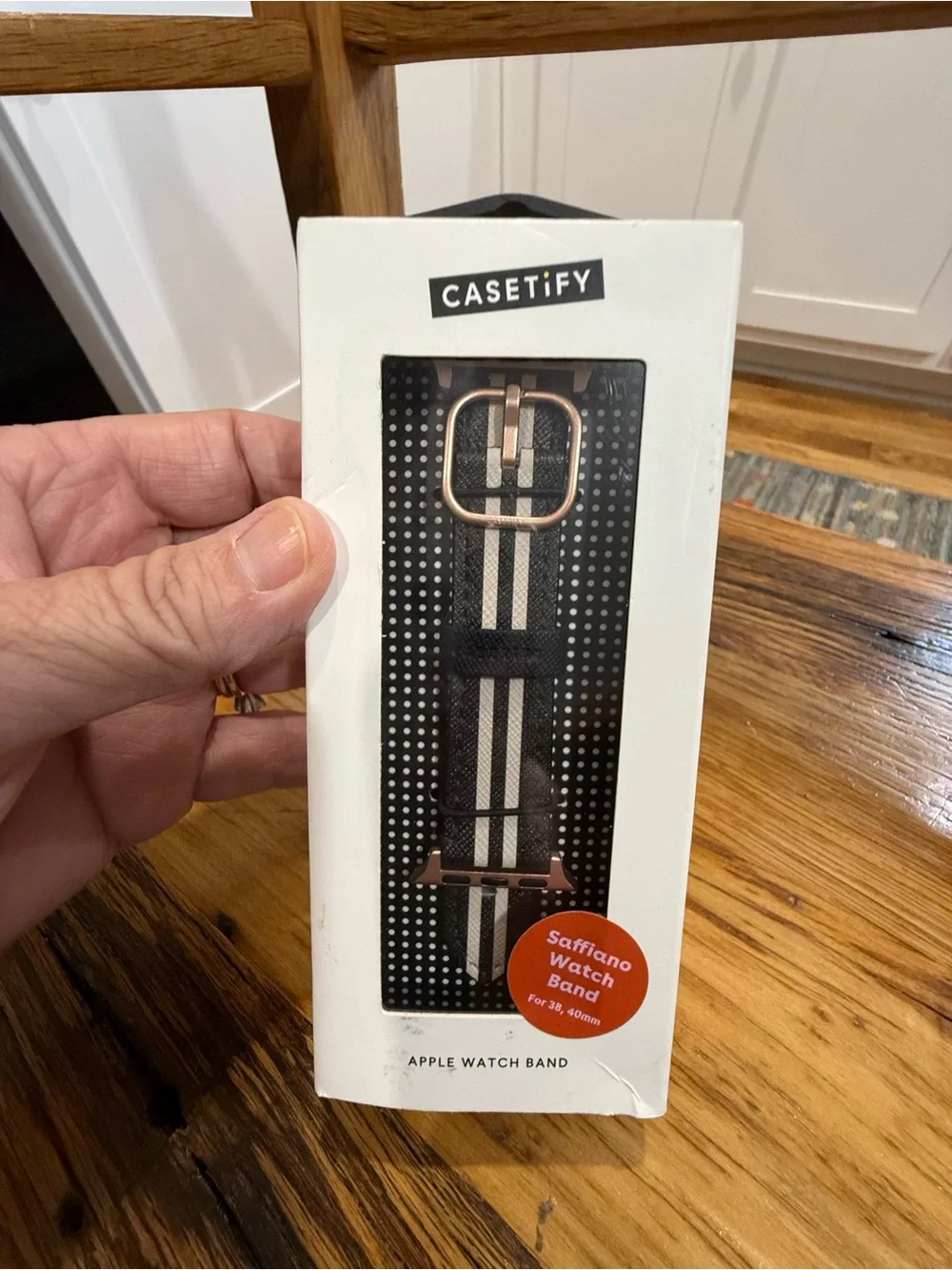 Casetify Black and Cream Striped Saffiano Watch Band with Rose Gold Hardware